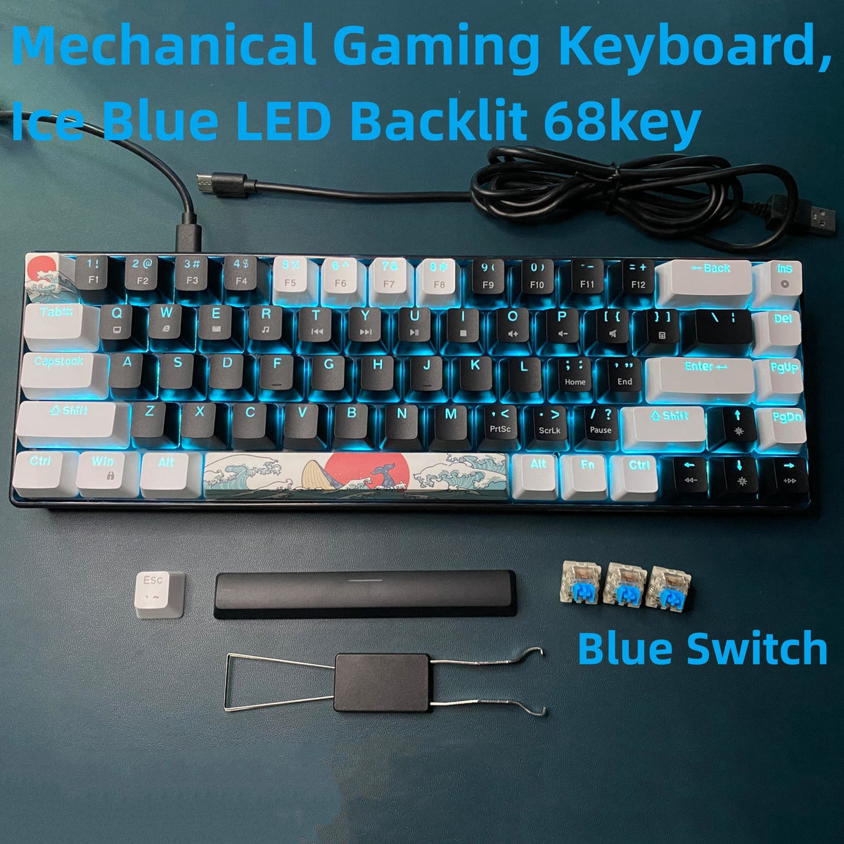 Portable 60% Mechanical Gaming Keyboard, Ice Blue LED Backlit Compact 68 Keys Mini Wired Office Keyboard With Blue Switch For Windows Laptop PC For Mac Gift For Birthday/Easter/President's Day/Boy/Girlfriends