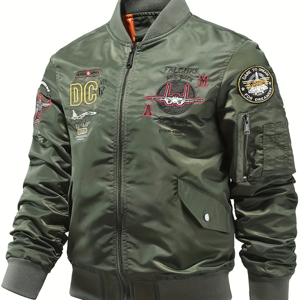 Men's Windproof and Waterproof Soft-Shell Jacket with Active Airplane Embroidery - Slim Fit Outdoor Jacket
