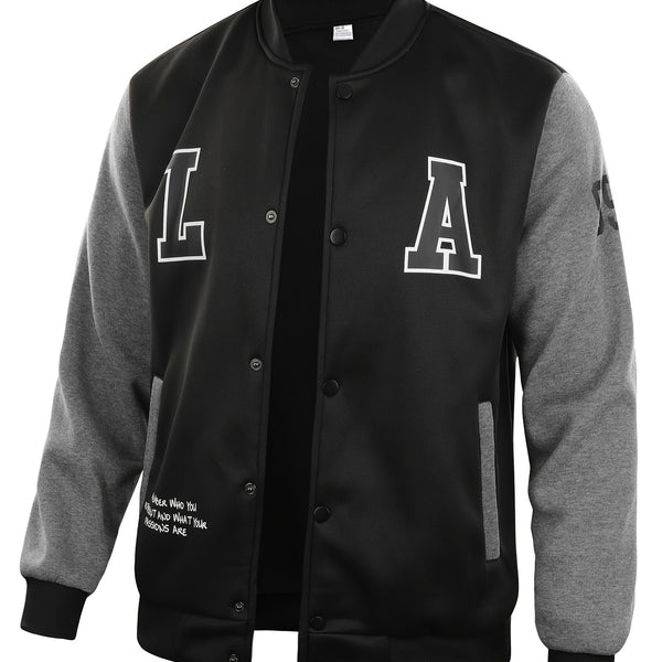 "LA" Print Color Block Varsity Jackets, Men's Casual Baseball Collar Jacket Coat For Spring Fall