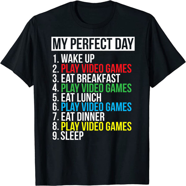 Tees For Men, Funny 'My Perfect Day' Print T Shirt, Casual Short Sleeve Tshirt For Summer Spring Fall, Tops As Gifts, For People Who Love Video Games