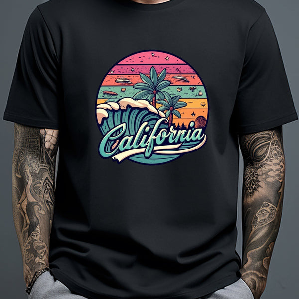 California Graphic Print Men's Trendy Short Sleeve T-shirts, Comfy Casual Breathable Tops For Men's Fitness Training, Jogging, Outdoor Activities