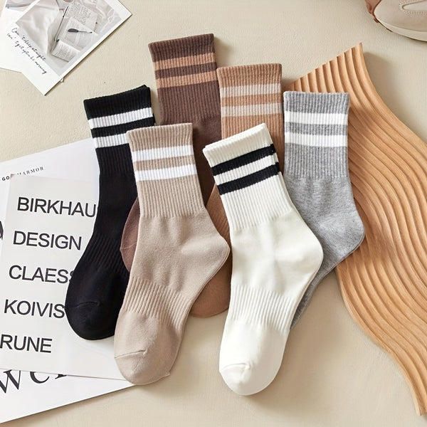 6 Pairs Stripe Print Ribbed Socks, Comfy & Soft Mid Tube Socks, Women's Stockings & Hosiery