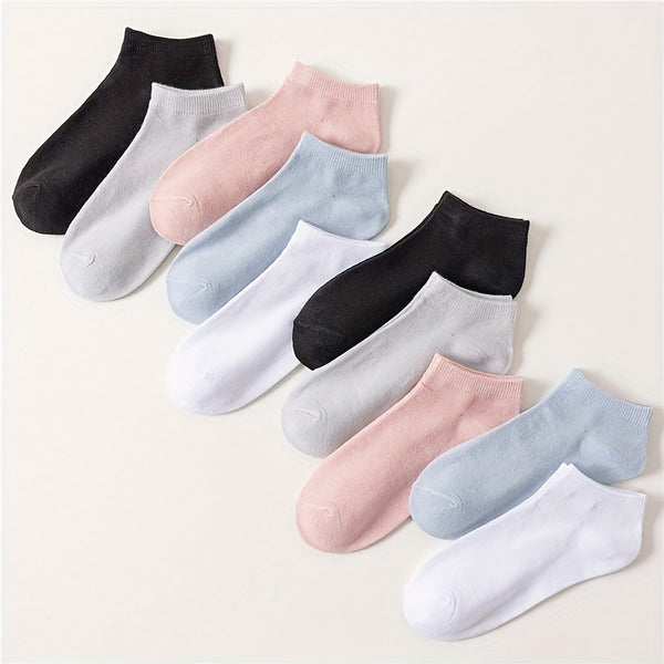 10 Pairs Solid Color Socks, Simple & Breathable Short Socks, Women's Stockings & Hosiery