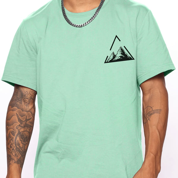 Stylish Mountain With Triangular Frame Pattern Print Men's T-shirt, Graphic Tee Men's Summer Clothes, Men's Outfits