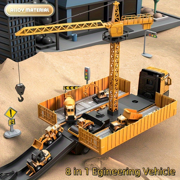 8-in-1 Construction Truck Toy Set, Inertia Car, Tower Crane, Road Roller, Bulldozer, Excavator, Dump Truck, Container Truck Multi-in-one Set.