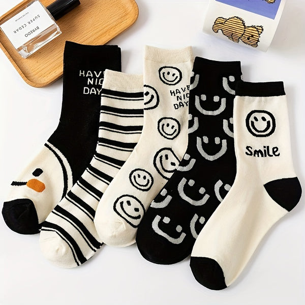 5 Pairs Women's Black And White Smiling Face Pattern Medium Tube Socks, Cute Versatile Outdoor Socks