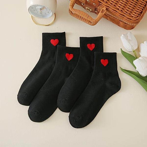 2 Pairs Red Heart Pattern Black Bottom Socks, Comfy Elastic Ribbed Mid Tube Socks, Women's Stockings & Hosiery