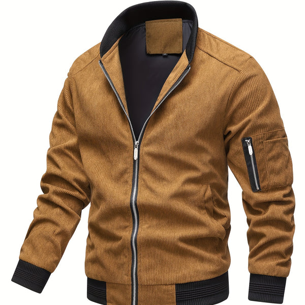 Men's Casual Bomber Jacket, Trendy Zip Up Stand Collar Jacket