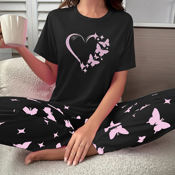 Heart & Butterfly Print Pajama Set, Comfort Short Sleeve Top & Loose Long Pants, Women's Loungewear & Sleepwear