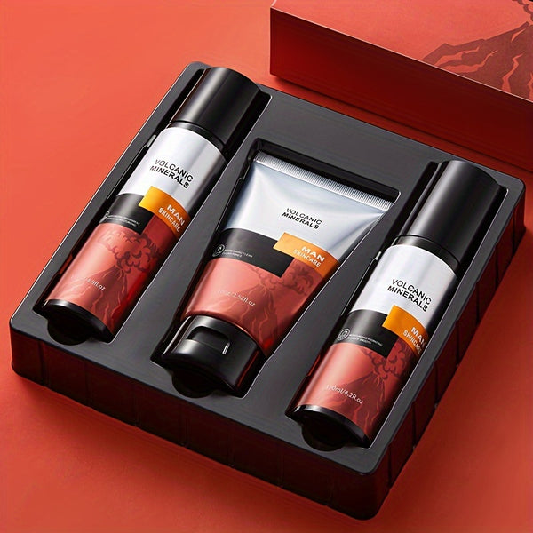Men's Volcanic Mud Mineral Cleansing And Moisturizing Set Of Three, Oil Control, Cleaning, And Firming Skin, Gift For Male
