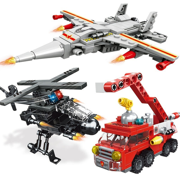 142PCS+ 6 IN 1 City Police Series Car Model Building Blocks, Fire Truck Construction Warship Fighter Series Assembling Kids Bricks Creative Toys Boy Gift Easter Gift