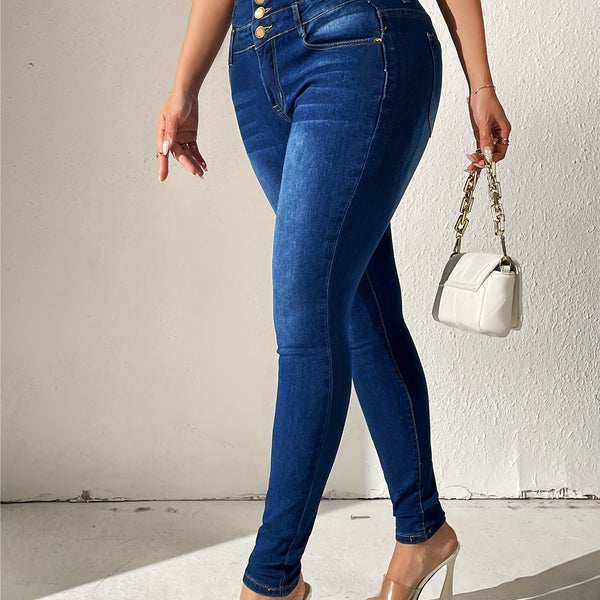 High Rise Solid Color Skinny Slim Jeans, Multi Buttons Slash Pockets Washed Blue Women's Trousers, High Waist Stretch Casual Pants For Spring And Summer, Women's Denim Jeans & Clothing