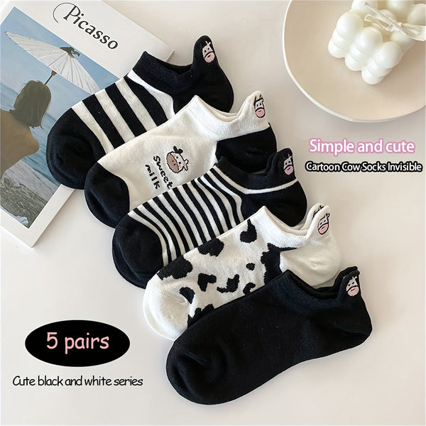 5 Pairs Of Women's Cartoon Cow Cute Socks, Non-slip Low Cut Comfortable Invisible Ankle Socks For Daily Life