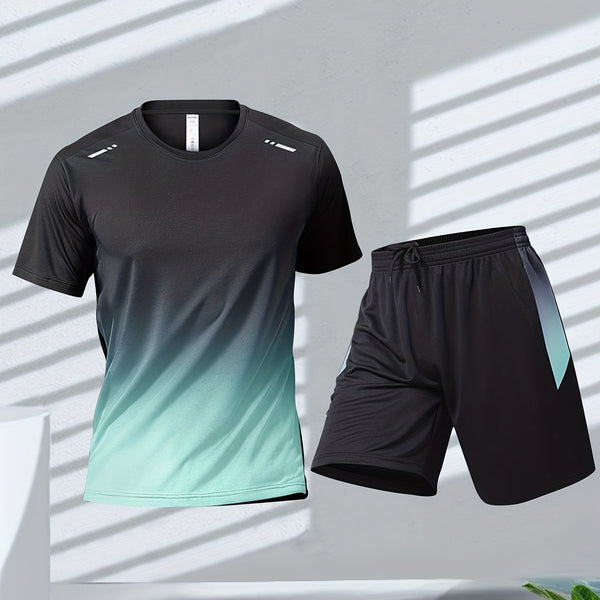 2-piece Men's Summer Basketball Training Running Outfit Set, Gradient Short Sleeve T-shirt & Quick-drying Shorts Set
