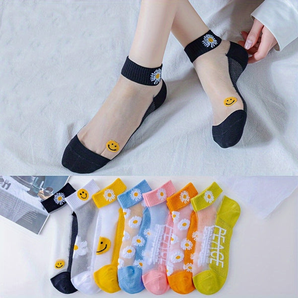 5 Pairs Daisy Pattern Socks, Soft & Lightweight Mesh Short Socks, Women's Stockings & Hosiery