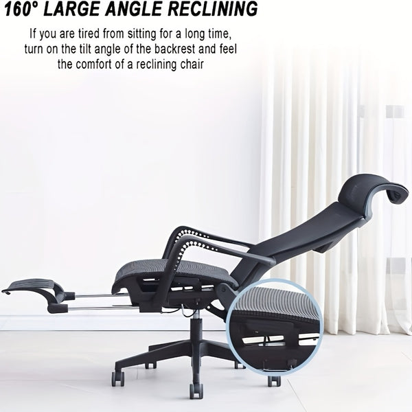 1pc Office Chair, Reclining Computer Chair, Comfortable, Fishbone Lumbar Rest, S-shaped Imitation Body Back Frame, Silent Wheel, Steel Tube Support, Load-bearing Stable, Foot Push And Pull Convenient
