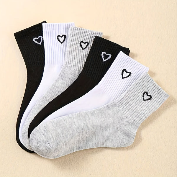 6 Pairs Heart Print Socks, Soft & Breathable Valentine's Day Mid Tube Socks, Women's Stockings & Hosiery
