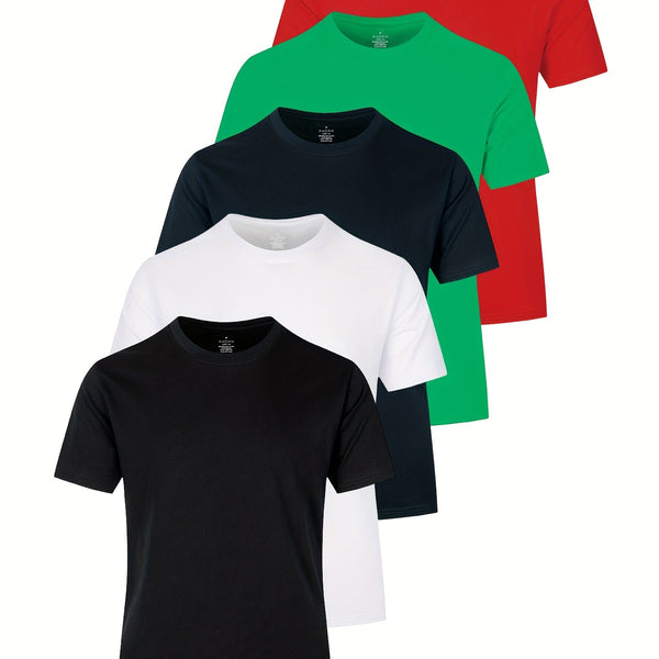 5pcs Multi Color Men's Solid Comfy Cotton Casual T-Shirts Set, Basic Crew Neck Tees For Summer Sports