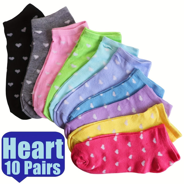 10 Pairs Music Festival Heart Print Crew Socks, Casual & Comfy All-match Low Cut Ankle Socks, Women's Stockings & Hosiery