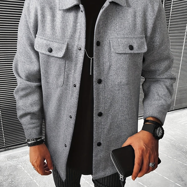 Men's Casual Flap Pocket Jacket, Chic Button Up Mature Coat For Fall Winter