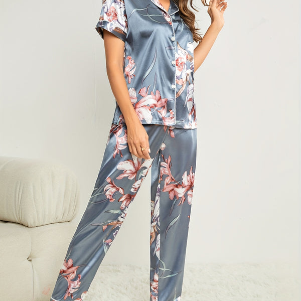 Floral Print Pajama Set, Short Sleeve Buttons Top & Elastic Waistband Pants, Women's Sleepwear & Loungewear