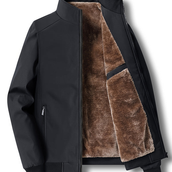 Men's Casual Warm Fleece Jacket, Chic Stand Collar Coat For Fall Winter Leisure Activities