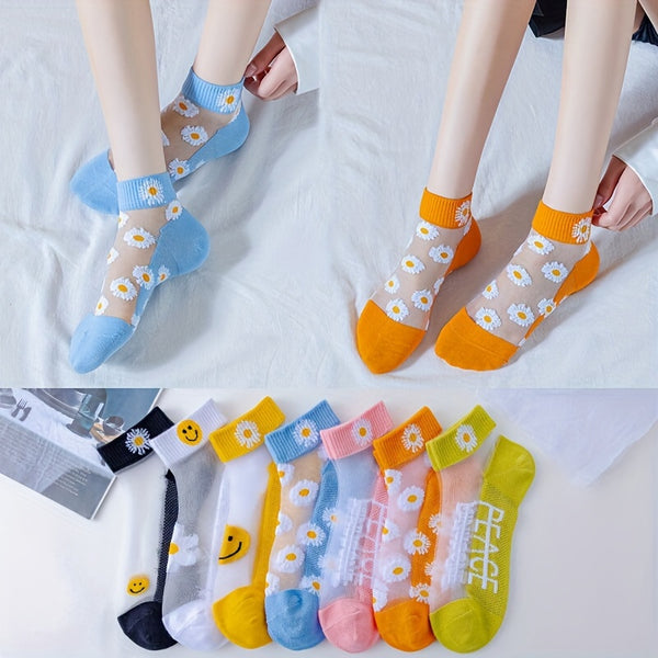 5 Pairs Daisy Pattern Socks, Soft & Lightweight Mesh Short Socks, Women's Stockings & Hosiery