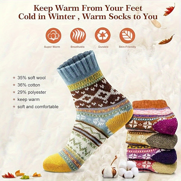 5 Pairs Women's Color Block Winter Socks, Thickened Thermal Cozy Wool Socks, Breathable Warm Casual Crew Socks For Winter Gifts