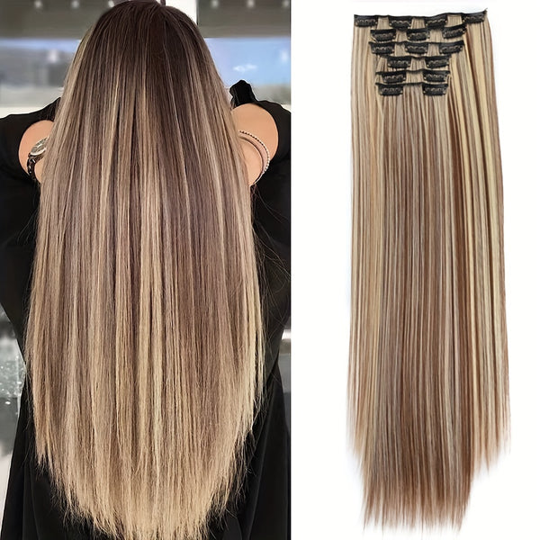 Clip In Hair Extensions, Hair Extensions Thick Long Lace Weft Lightweight Synthetic Hairpieces For Women Chocolate Brown With Golden Blonde Highlights Hair Clips Hair Accessories