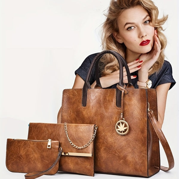 3Pcs Retro Style Tote Bag Set, Women's Handbag With Chain