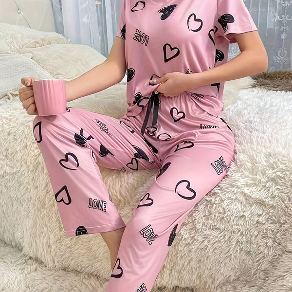 Casual Heart & Letter Print Pajama Set, Short Sleeve Crew Neck Top & Elastic Pants For Valentine's Day, Women's Sleepwear & Loungewear