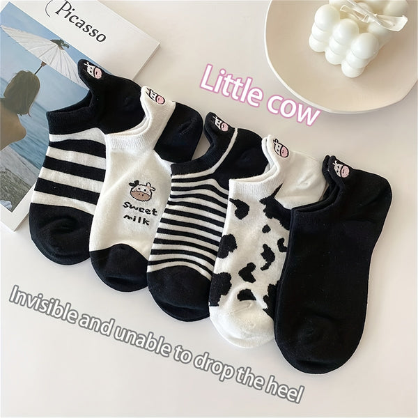 5 Pairs Of Women's Cartoon Cow Cute Socks, Non-slip Low Cut Comfortable Invisible Ankle Socks For Daily Life