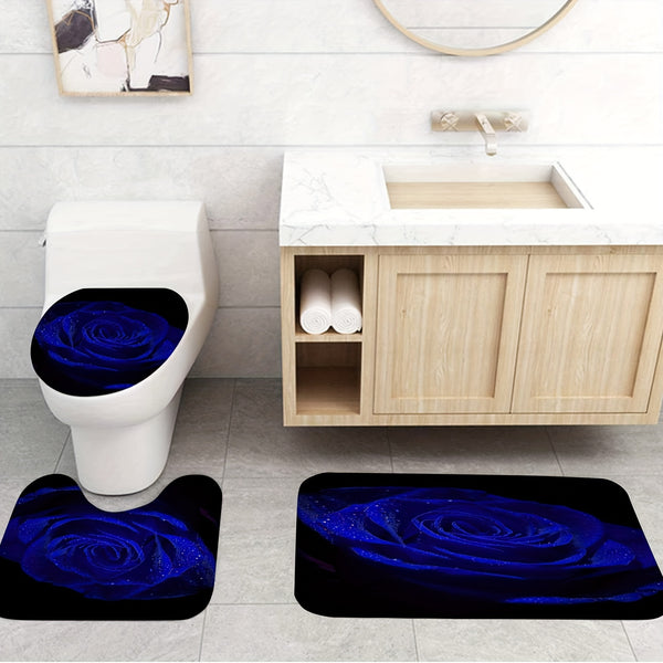 4pcs Blue Rose Printed Shower Curtain Set, Decorative Bathroom Set
