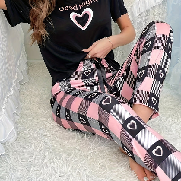 Heart & Letter Print Pajama Set, Short Sleeve Crew Neck Top & Elastic Waistband Pants, Women's Sleepwear & Loungewear