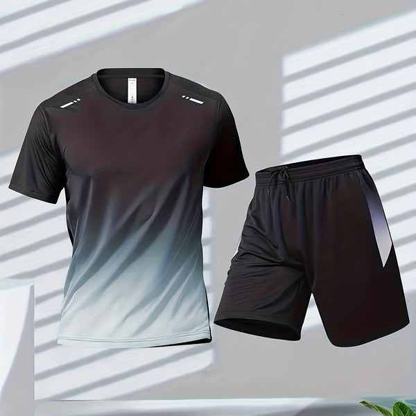 2-piece Men's Summer Basketball Training Running Outfit Set, Gradient Short Sleeve T-shirt & Quick-drying Shorts Set