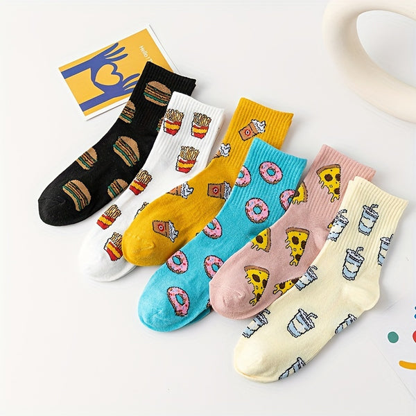 6 Pairs Cartoon Food Print Socks, Cute & Funny Mid Tube Socks, Women's Stockings & Hosiery