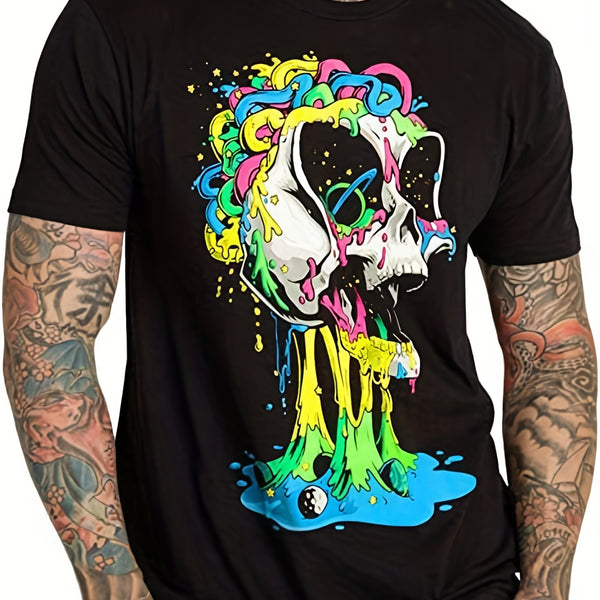 Men's Cartoon Skull Graphic T-Shirt: Stylish 3D Digital Print Comfy Slightly Stretch Crew Neck Tee Top for Summer Outdoor Wear
