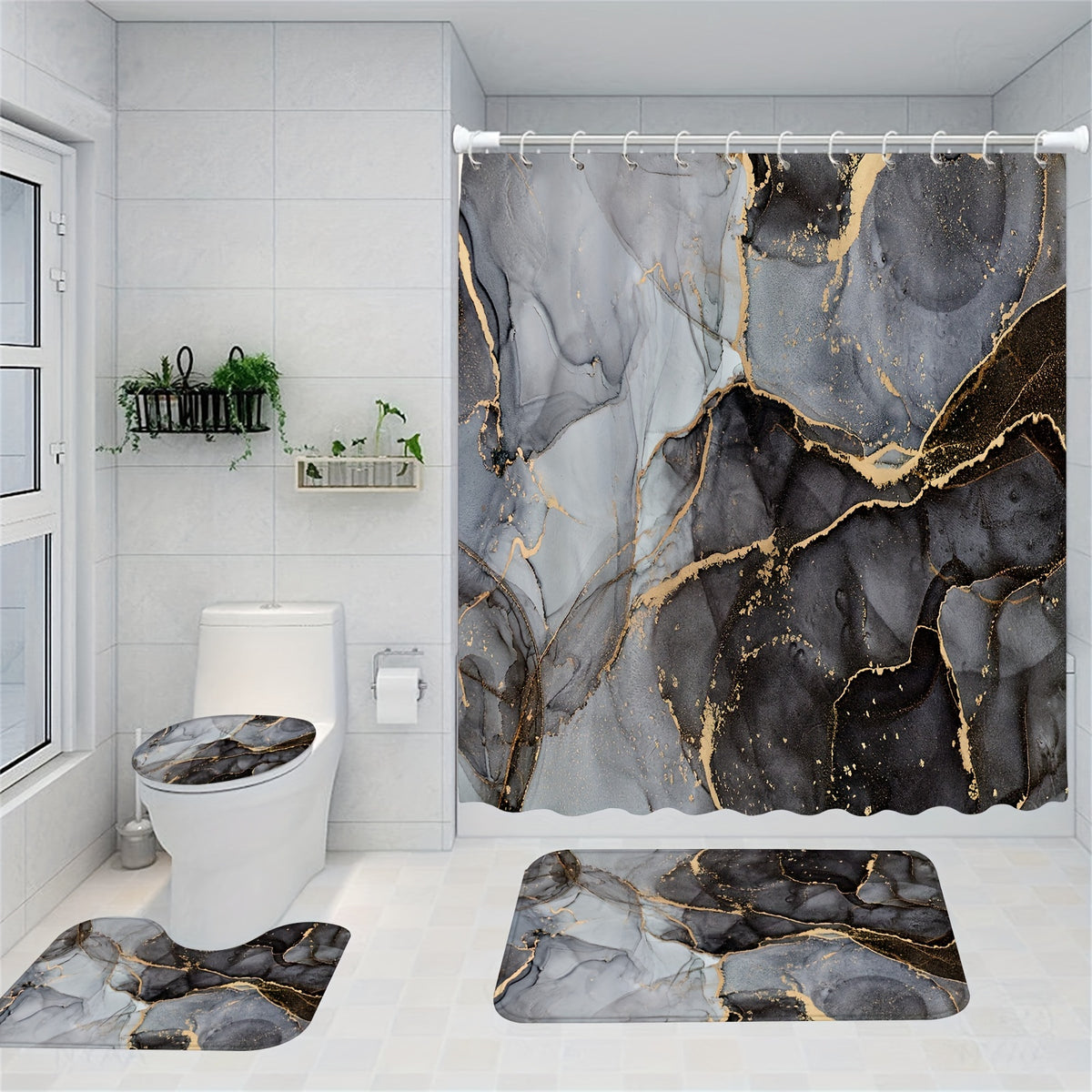 1/4pcs Marble Pattern Shower Curtain Set, Golden Textured