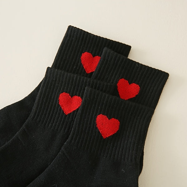 2 Pairs Red Heart Pattern Black Bottom Socks, Comfy Elastic Ribbed Mid Tube Socks, Women's Stockings & Hosiery