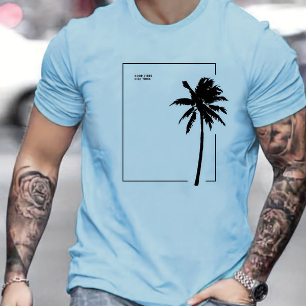 Coconut Tree Print, Men's Graphic Design Crew Neck T-shirt, Casual Comfy Tees Tshirts For Summer, Men's Clothing Tops For Daily Vacation Resorts