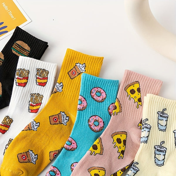 6 Pairs Cartoon Food Print Socks, Cute & Funny Mid Tube Socks, Women's Stockings & Hosiery