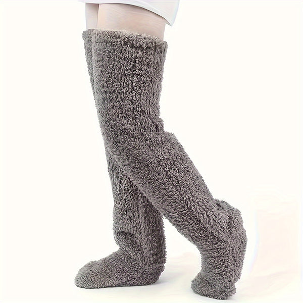 Solid Fuzzy Thigh High Stockings, Warm & Thick Over The Knee Socks, Women's Stockings & Hosiery