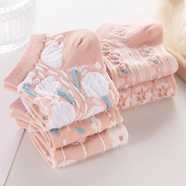 5 Pairs Kawaii Harajuku Flower Printed Socks, Cute JK Low Cut Short Crew Elastic Socks Soft Breathable Sock
