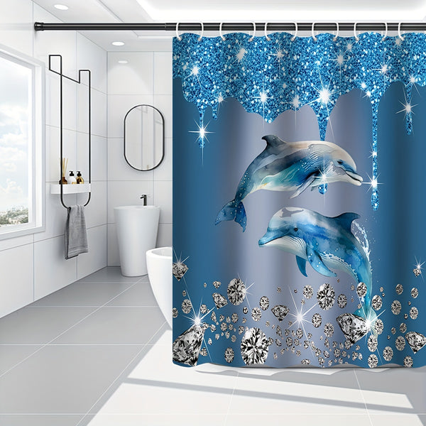1/4pcs Shining Diamond Dolphin Printed Shower Curtain Set