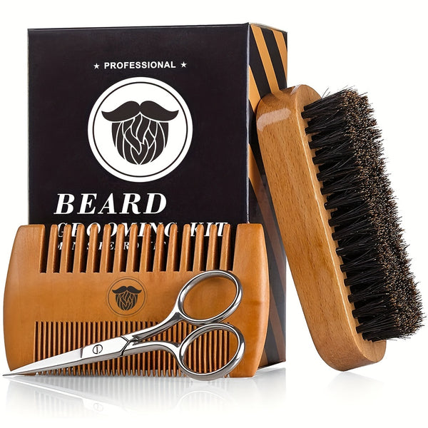 Wooden Beard And Comb Set For Men - Perfect For Beards Head Hair And Mustaches Men's Grooming Kit For Styling, Contain Wooden Comb, Bristle Brush, Scissors, Holiday Gift Father's Day Gift