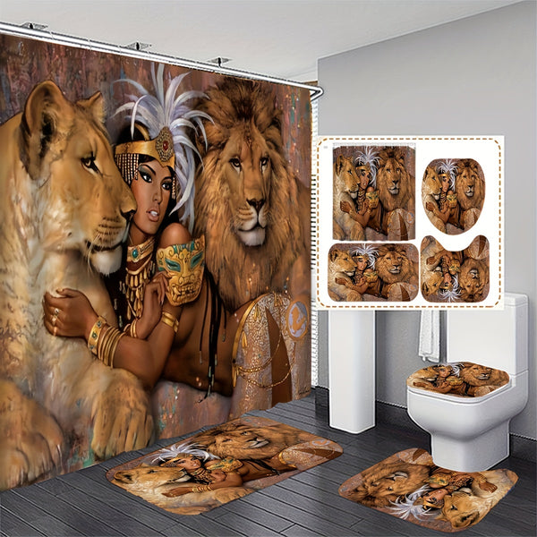 1/3/4pcs Bathroom Sets Rugs Shower Curtain Set, Lion African