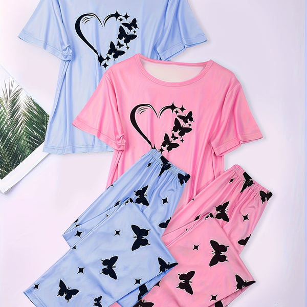 2 Sets Heart Print Pajamas Set, Short Sleeve Crew Neck Top & Butterfly Print Pants, Women's Sleepwear & Loungewear