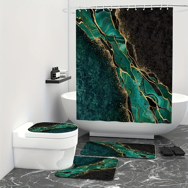 4pcs Bathroom Sets Rugs Shower Curtain, Green Marble Pattern