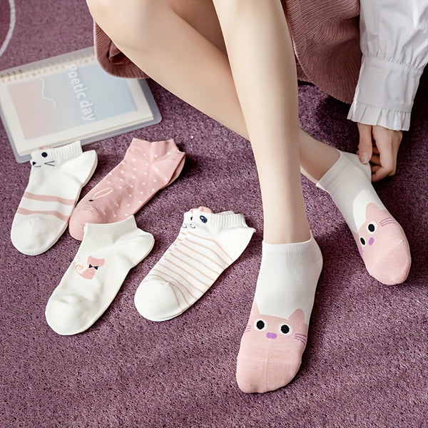 5 Pairs Pink Serie Cute Cat Print Short Socks, Soft & Lightweight Low Cut Ankle Socks, Women's Stockings & Hosiery