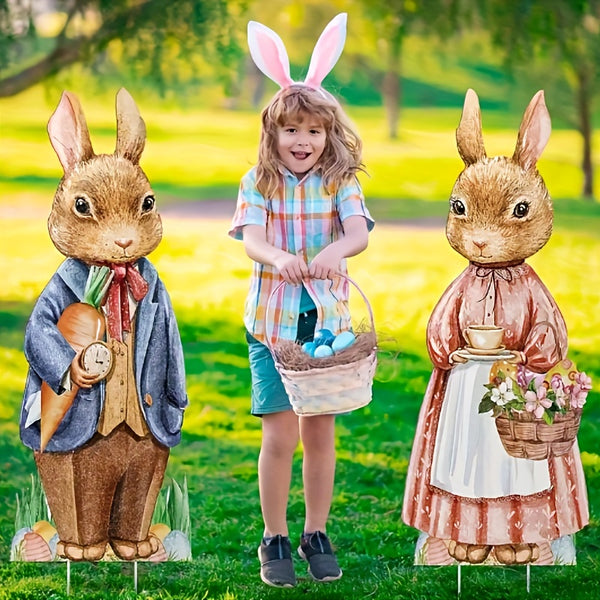 2pcs Rabbit And Flower Signs With Wooden Stakes, Easter Decorations